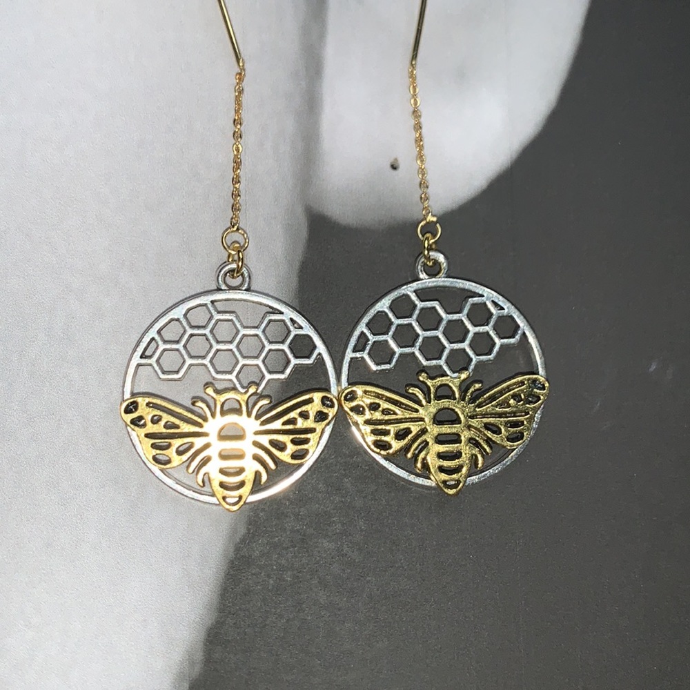 18k Gold Plated Earring Threads with Dangling Bee and Honey Comb Pendant